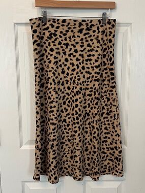Leopard Print Satin Midi Pull On Slip Skirt Parisian Chic Indie Sleaze Size M